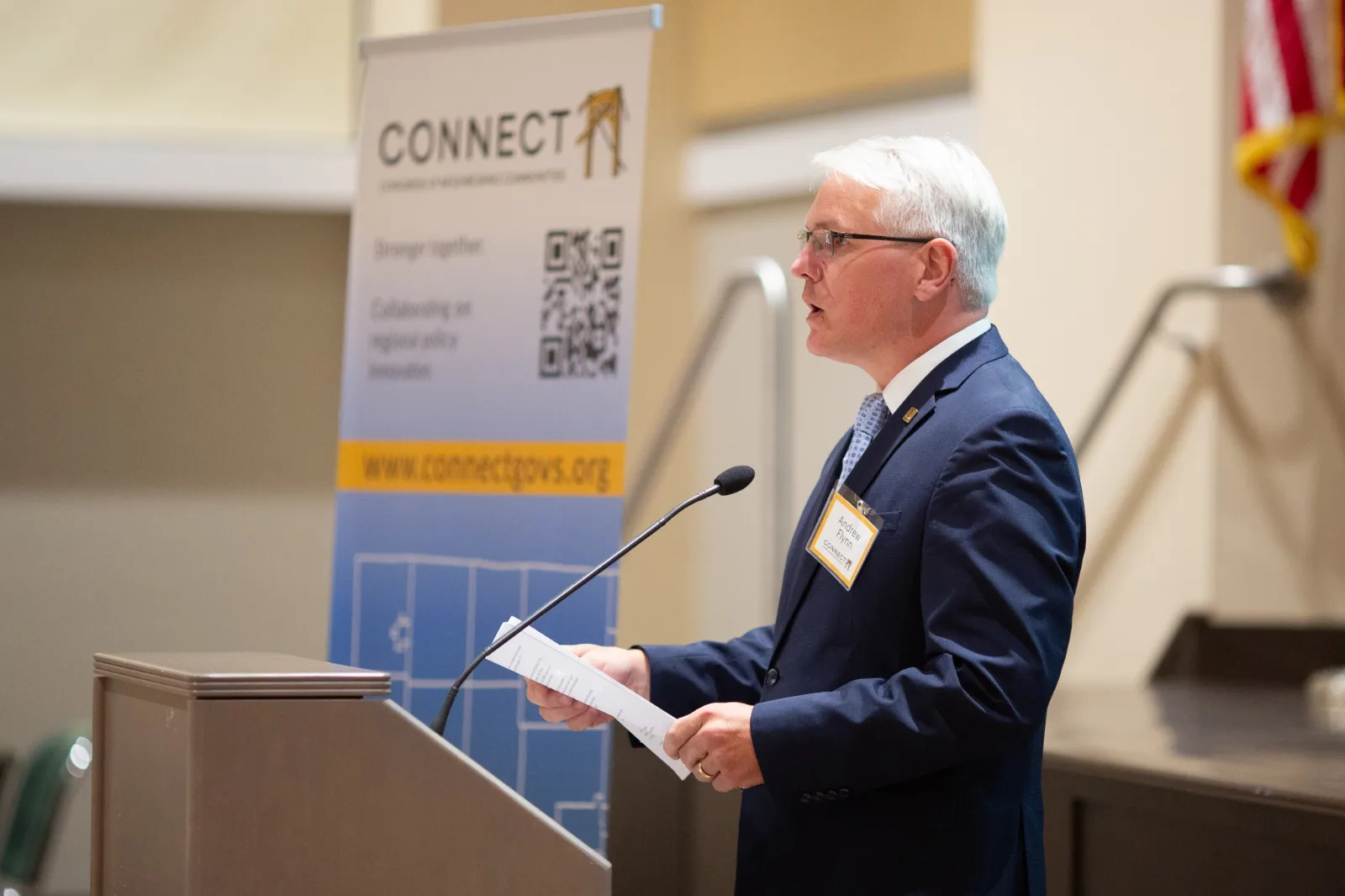 Andrew Flynn speaking at a regional CONNECT meeting.